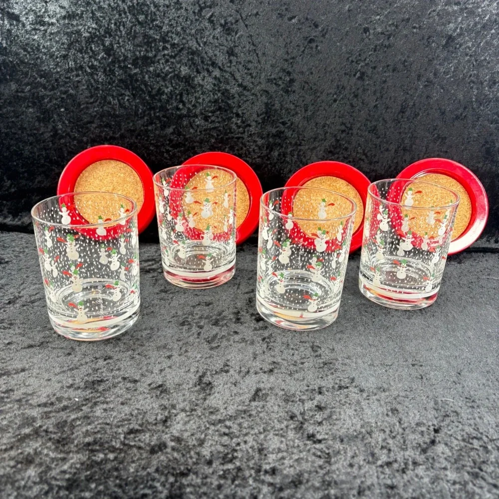 Georges Briard Vintage Snowman Double‎ Old Fashioned Glass and Coaster Set 8pc